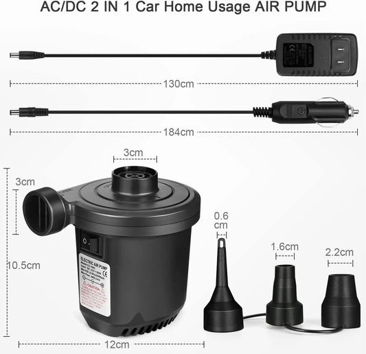 Portable Electric Air Pump with 3 Nozzles for Inflatables, Camping, Pool Floats - 12V/110V