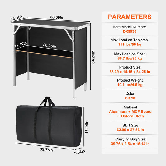 Folding Portable Bar Table Include Carrying Case Storage Shelf Skirt
