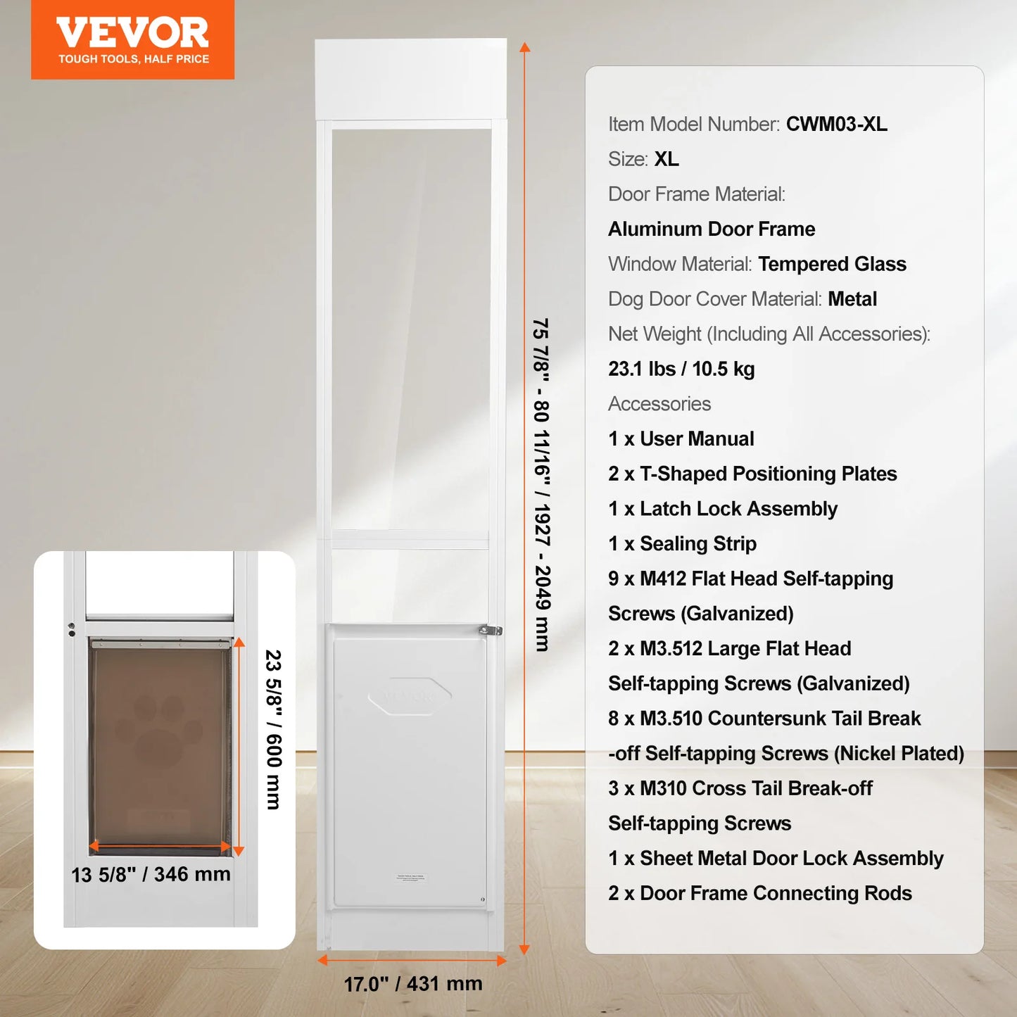Dog Door Sliding Glass Door Adjustable Height Aluminum Frame Tempered Glass Pet Door