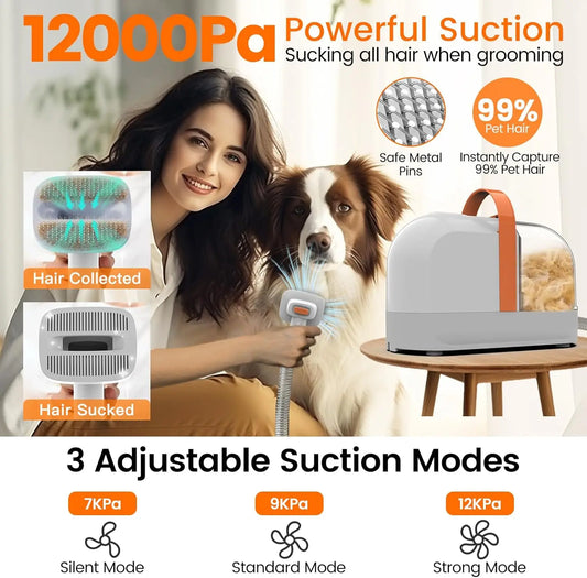 Pet Grooming Vacuum Kit with Clippers, 12,000Pa Suction, Low Noise, All-in-One Home Cleaning Tool for Dogs