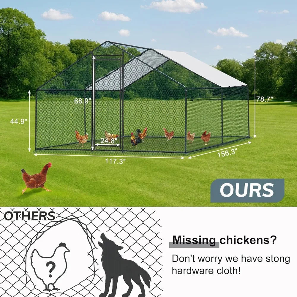 Chicken Coop, 13.1x9.8x6.5 ft Poultry Cage for Chicken Run, Metal Walk-in Chicken Pen with Waterproof & Anti-UV Cover Outdoor