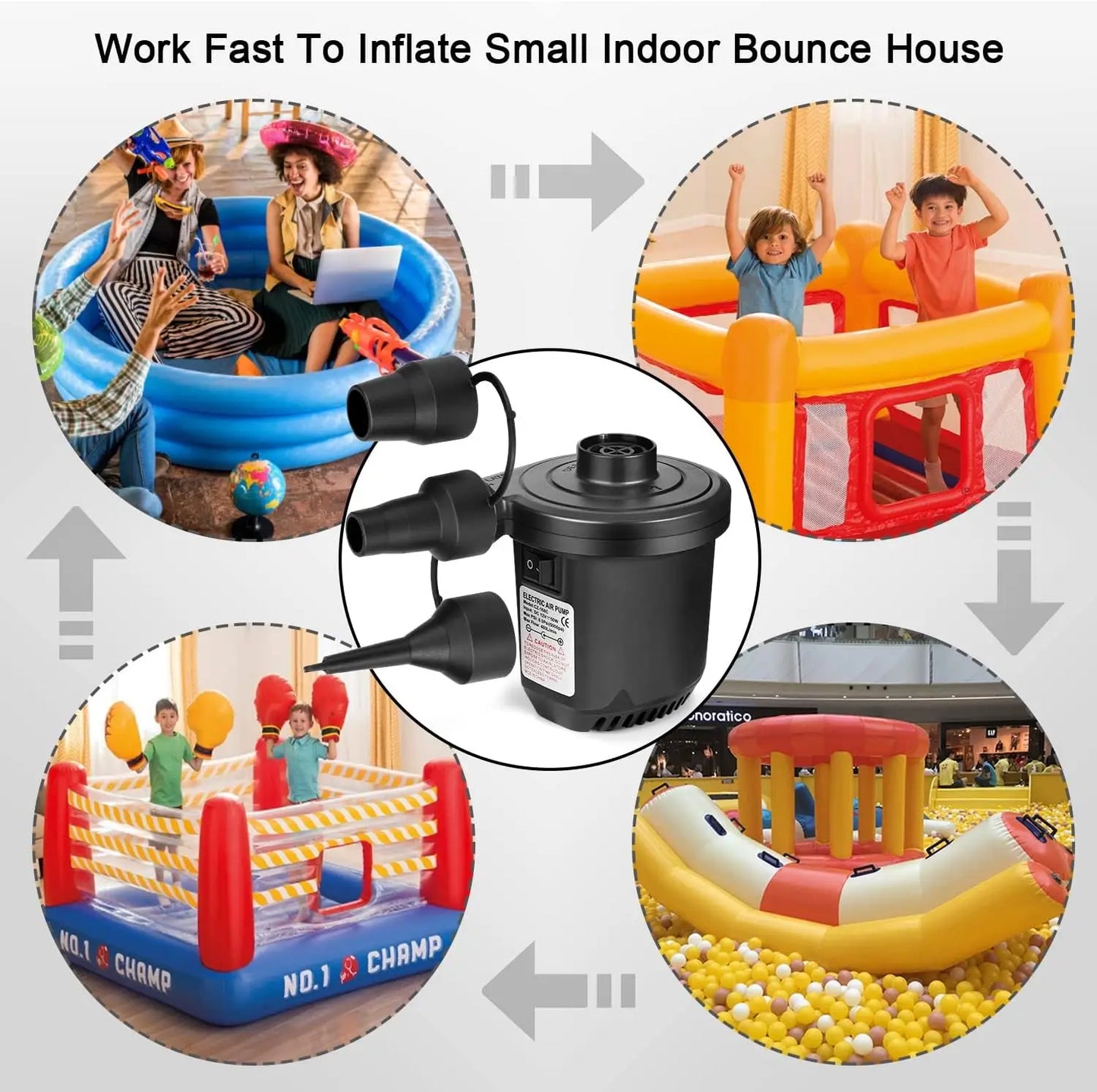 Portable Electric Air Pump with 3 Nozzles for Inflatables, Camping, Pool Floats - 12V/110V