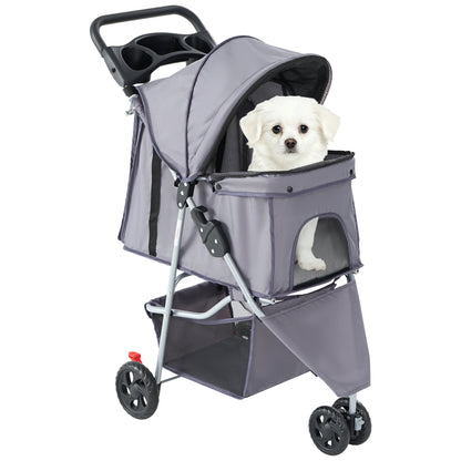 JHK 3 Wheels Foldable Pet Stroller for Small Dogs and Cats Mesh Windows Storage Basket Cup Holder for Outdoor Use