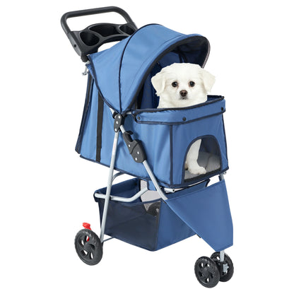 JHK 3 Wheels Foldable Pet Stroller for Small Dogs and Cats Mesh Windows Storage Basket Cup Holder for Outdoor Use