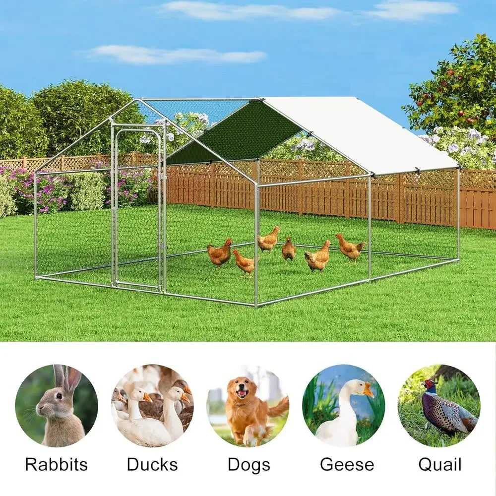 Spacious Walk-in Chicken Coop with Metal Hen Run and Waterproof Cover - 10ft Wide x 13.2ft Long x 6.4ft High