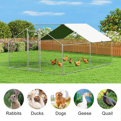 Spacious Walk-in Chicken Coop with Metal Hen Run and Waterproof Cover - 10ft Wide x 13.2ft Long x 6.4ft High