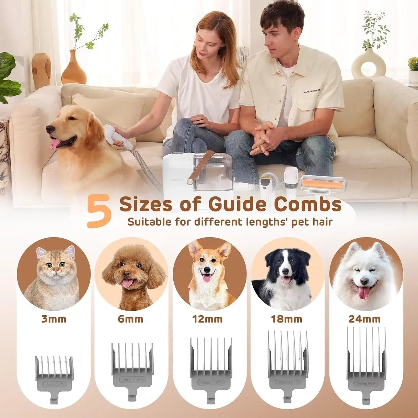 Pet Grooming Vacuum Kit with 7 Tools, Low Noise Electric Clipper and Brush