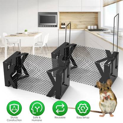 2PCS Humane Mouse Trap Cage, Non-Lethal (No Electricity/Glue/Chemicals), Heavy Duty 1.15mm Metal (Rustproof), Easy Catch Release