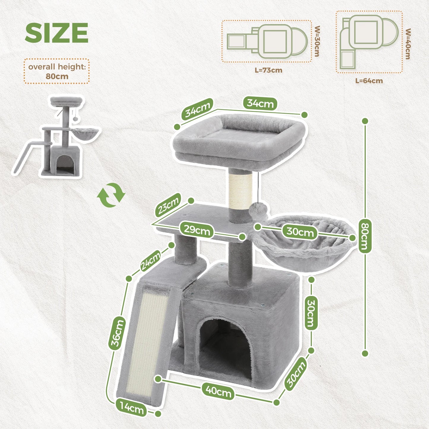 Cat tree, 2 Styles with Cat Scratching Posts Big Hammock and Removable Top Perch Grey