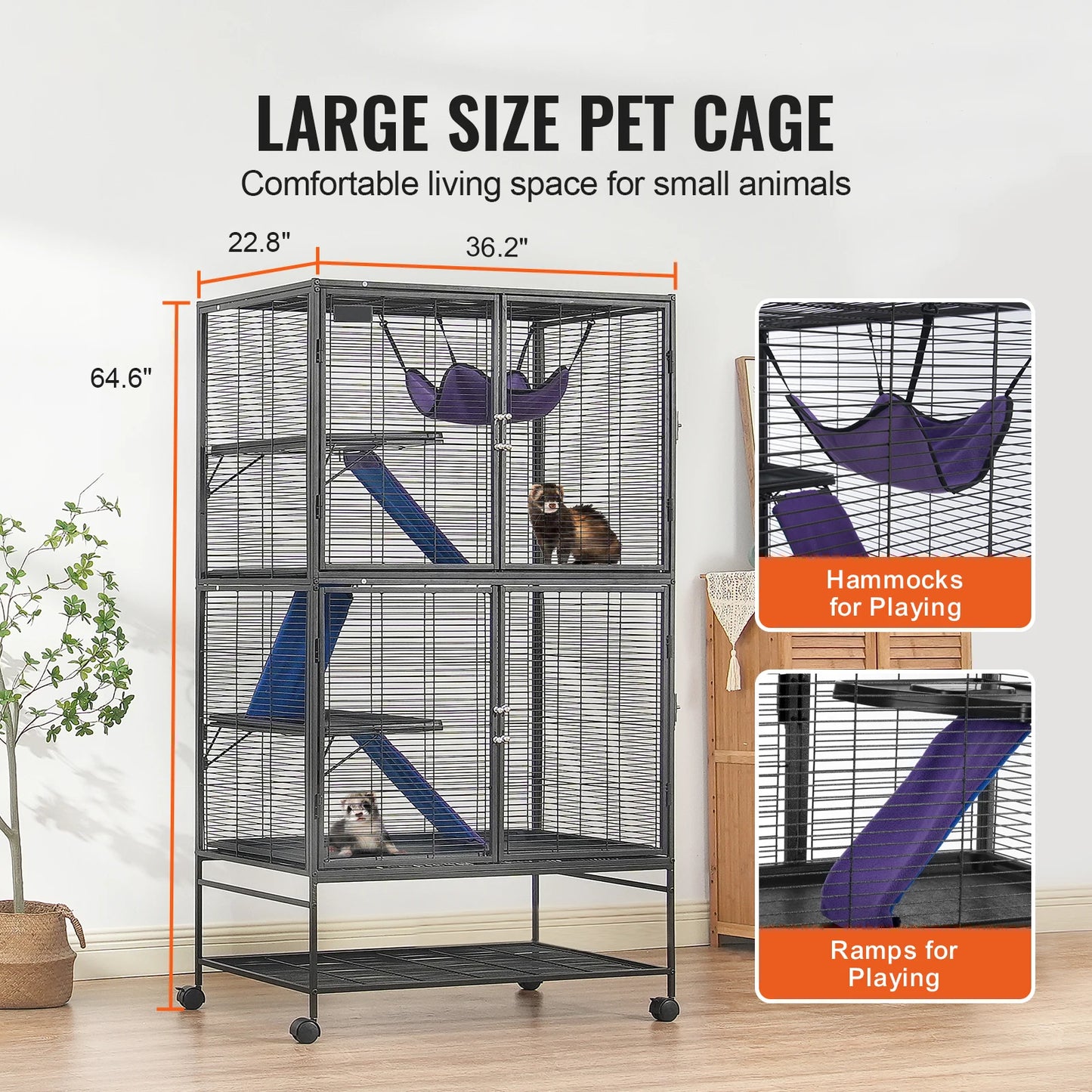 64.6" Rolling Metal Ferret Cage Large 4-Tier Critter  Rats Hamster Guinea Chinchilla
