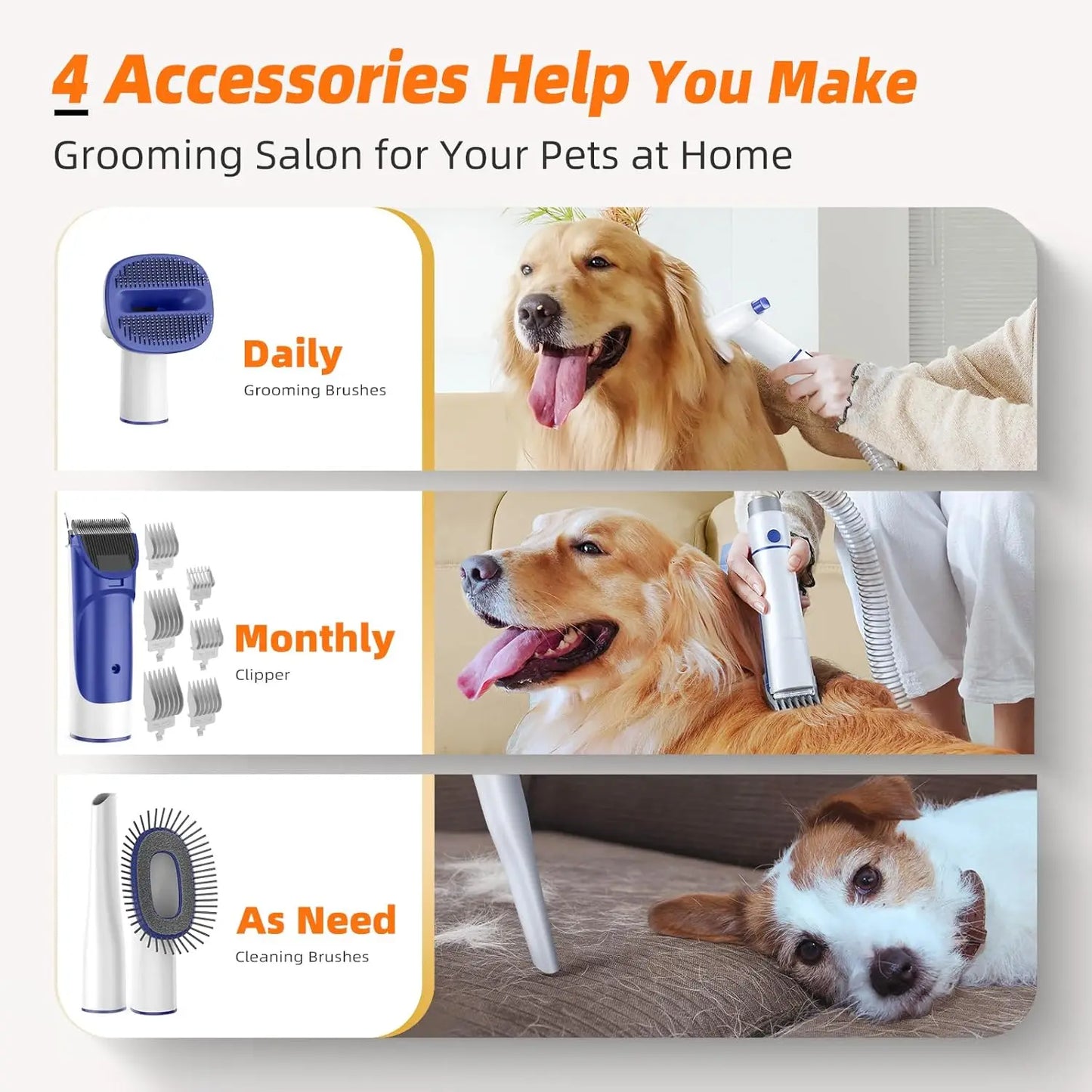 Pet Grooming Kit with Vacuum, 15000Pa Hair Clipper and Shedding Brush, Low Noise, 2L Capacity