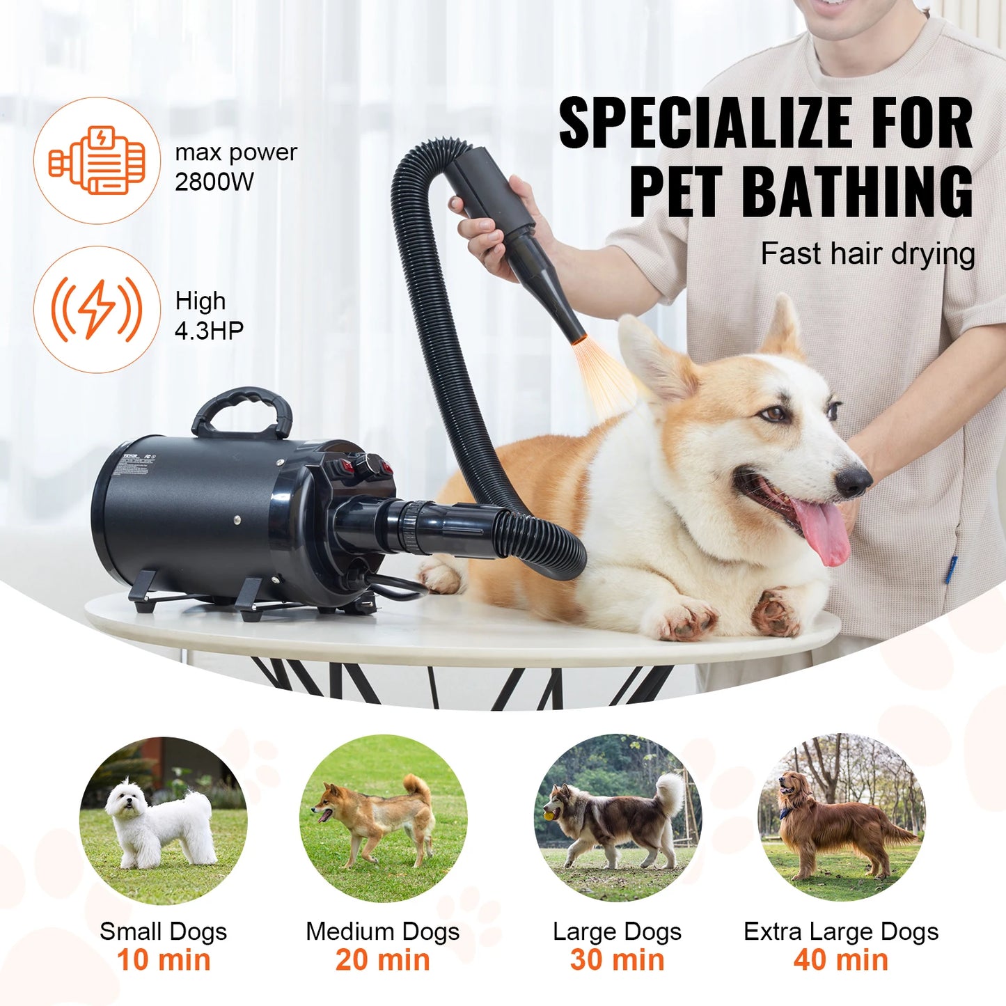 2000W/2.7HP Dog Blow Dryer Adjustable Speed Temperature Control with 4 Nozzle and Extendable Hose