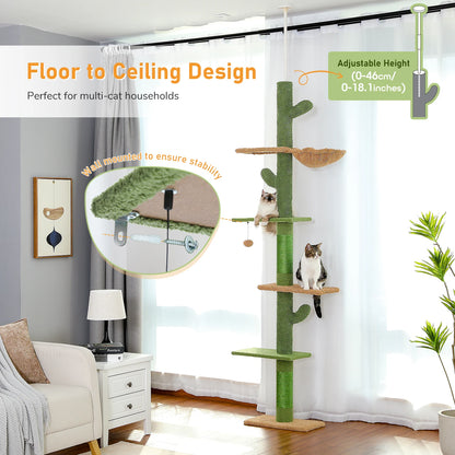 Cat Tree 5-Tier Floor to Ceiling Cat Tower Hammock Dangling Ball for Indoor Cats