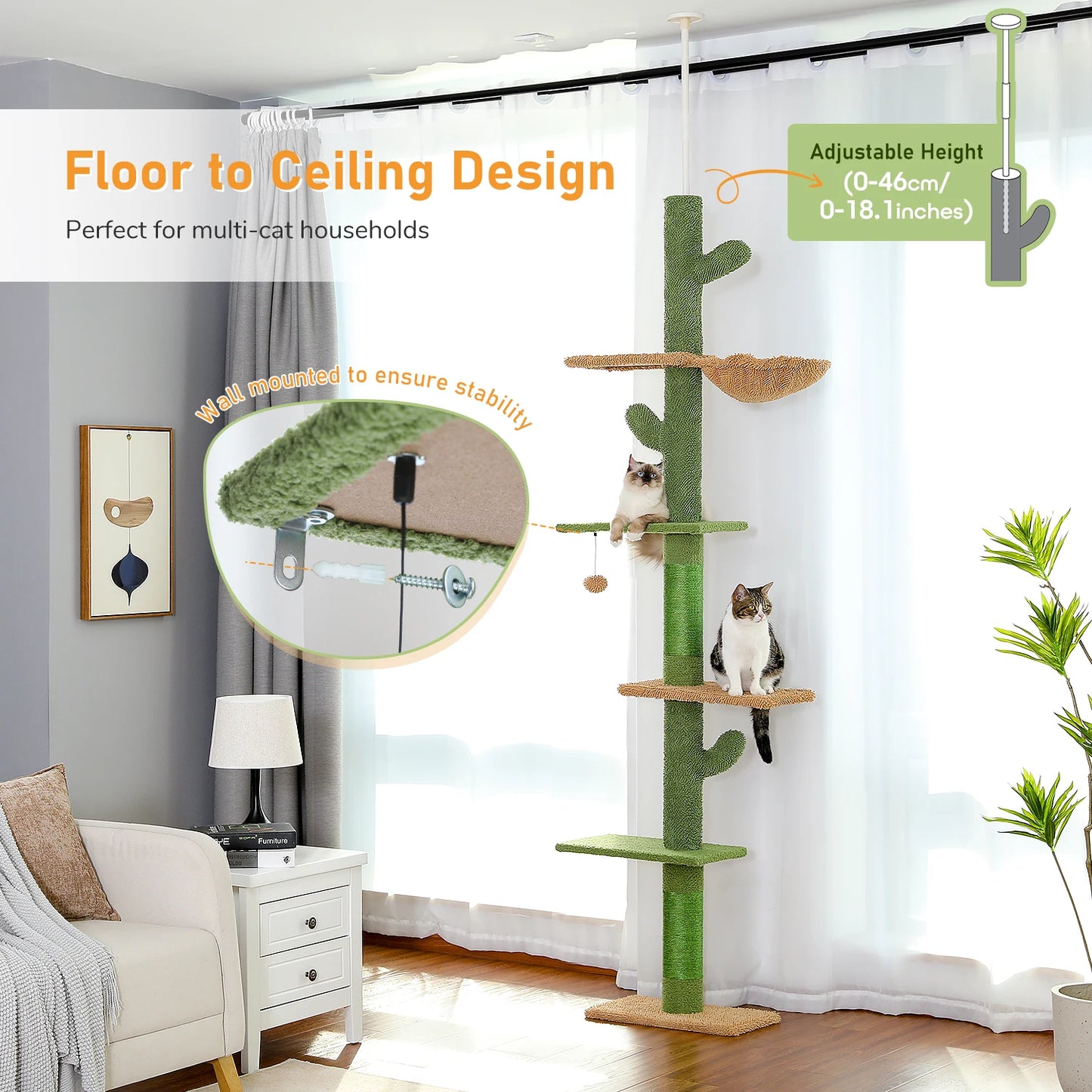 Cat Tree 5-Tier Floor to Ceiling Cat Tower Hammock Dangling Ball for Indoor Cats