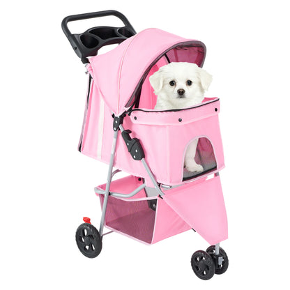 JHK 3 Wheels Foldable Pet Stroller for Small Dogs and Cats Mesh Windows Storage Basket Cup Holder for Outdoor Use