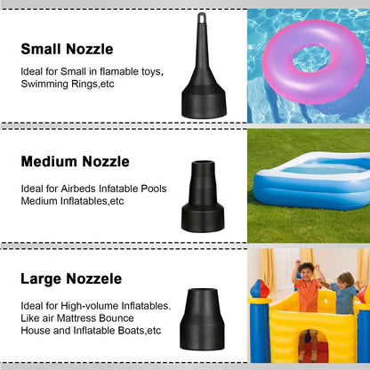 Portable Electric Air Pump with 3 Nozzles for Inflatables, Camping, Pool Floats - 12V/110V