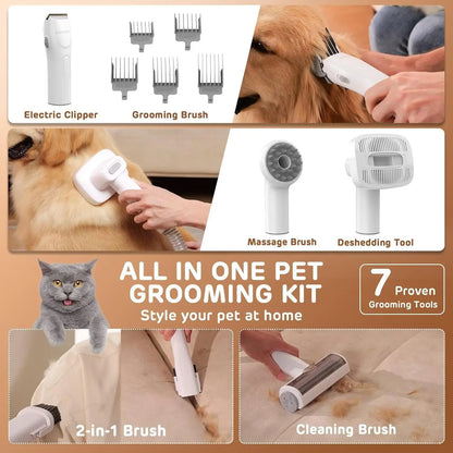 Pet Grooming Vacuum Kit with 7 Tools, Low Noise Electric Clipper and Brush