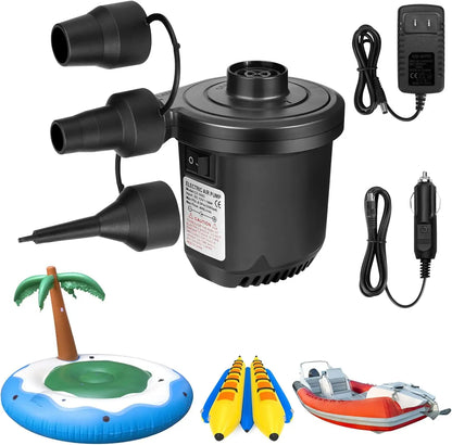Portable Electric Air Pump with 3 Nozzles for Inflatables, Camping, Pool Floats - 12V/110V