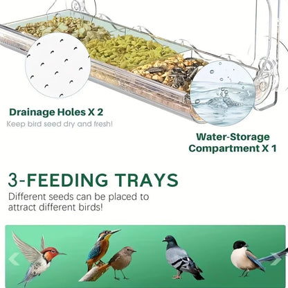 Large Window Bird Feeder with Removable Seed & Water Tray, for Wild Birds with 4 Super Strong Adhesive Hooks + 4