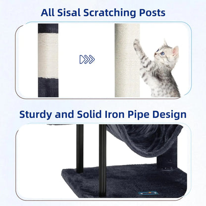 43.3 Inch Cat Tree, Steel Tube, Hammock, Condo, Scratching Post in Smoky Gray