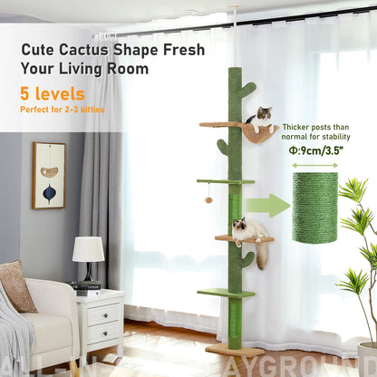 Cat Tree 5-Tier Floor to Ceiling Cat Tower Hammock Dangling Ball for Indoor Cats