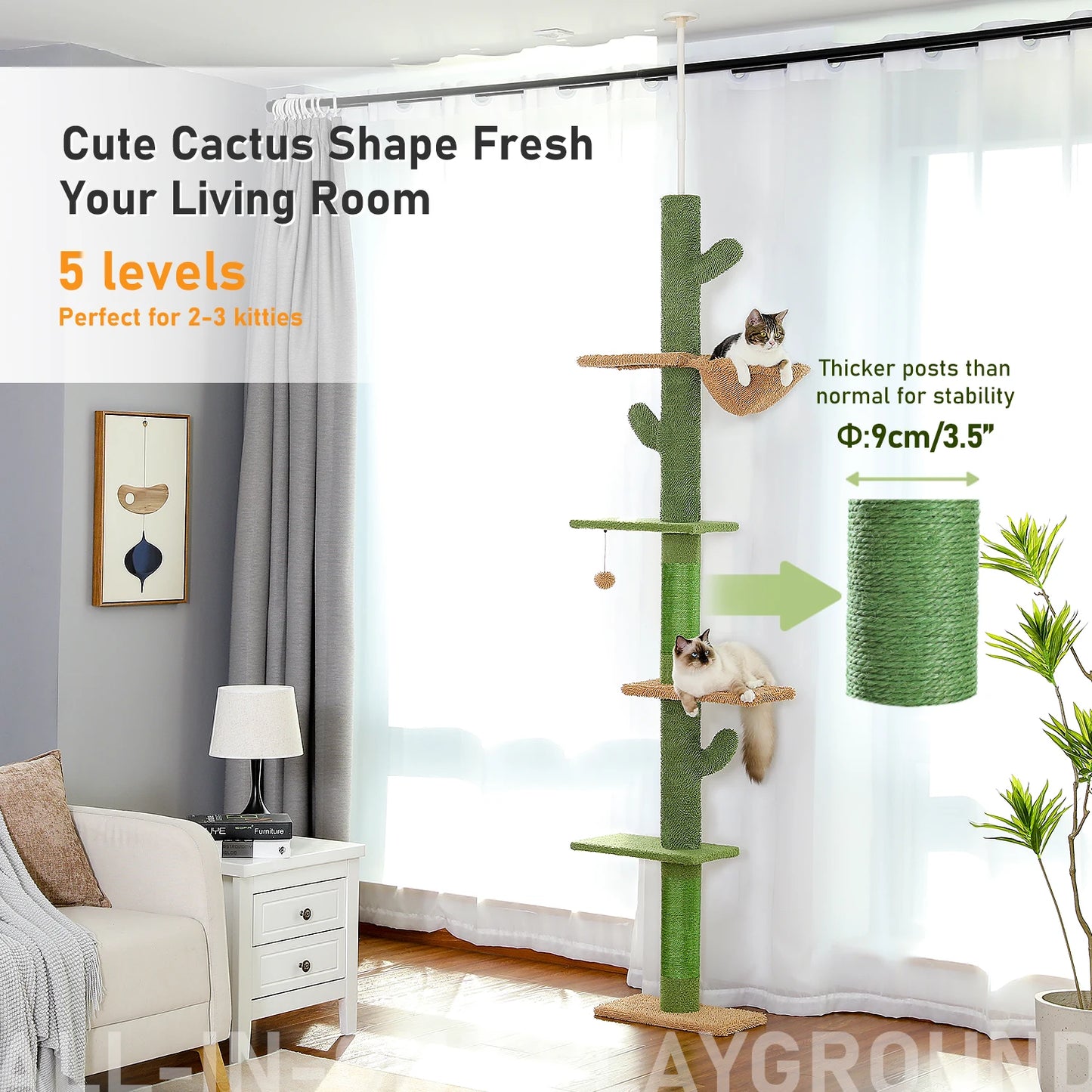 Cat Tree 5-Tier Floor to Ceiling Cat Tower Hammock Dangling Ball for Indoor Cats