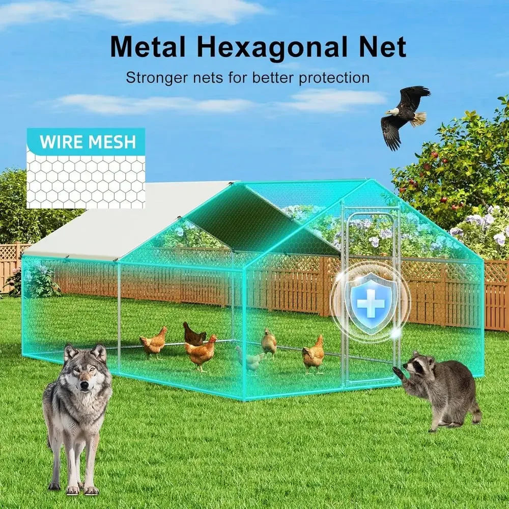 Spacious Walk-in Chicken Coop with Metal Hen Run and Waterproof Cover - 10ft Wide x 13.2ft Long x 6.4ft High
