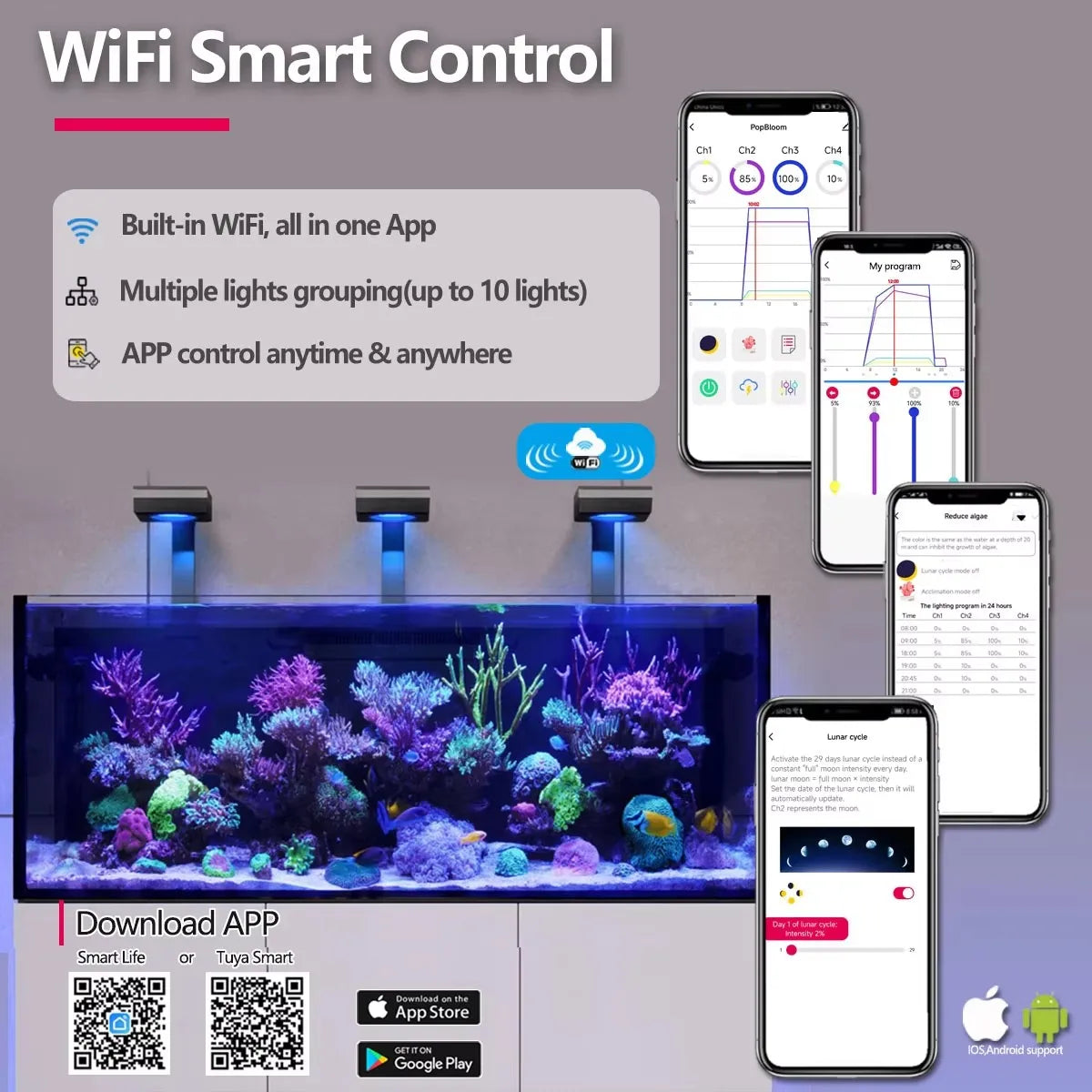 PopBloom RL90 WiFi  Professional Marine Aquarium LED Full Spectrum for Reef Coral SPS/LPS Fish Tank LED