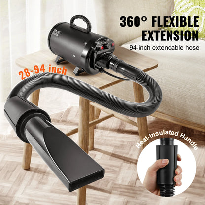 2000W/2.7HP Dog Blow Dryer Adjustable Speed Temperature Control with 4 Nozzle and Extendable Hose