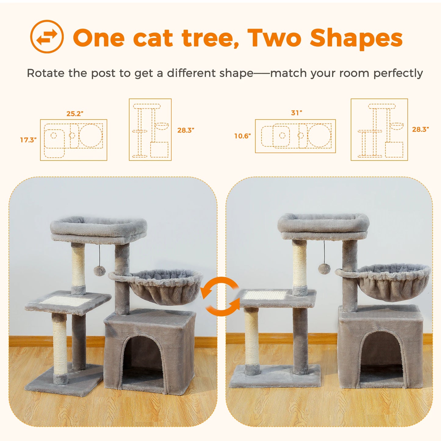 Cat tree, 2 Styles with Cat Scratching Posts Big Hammock and Removable Top Perch Grey