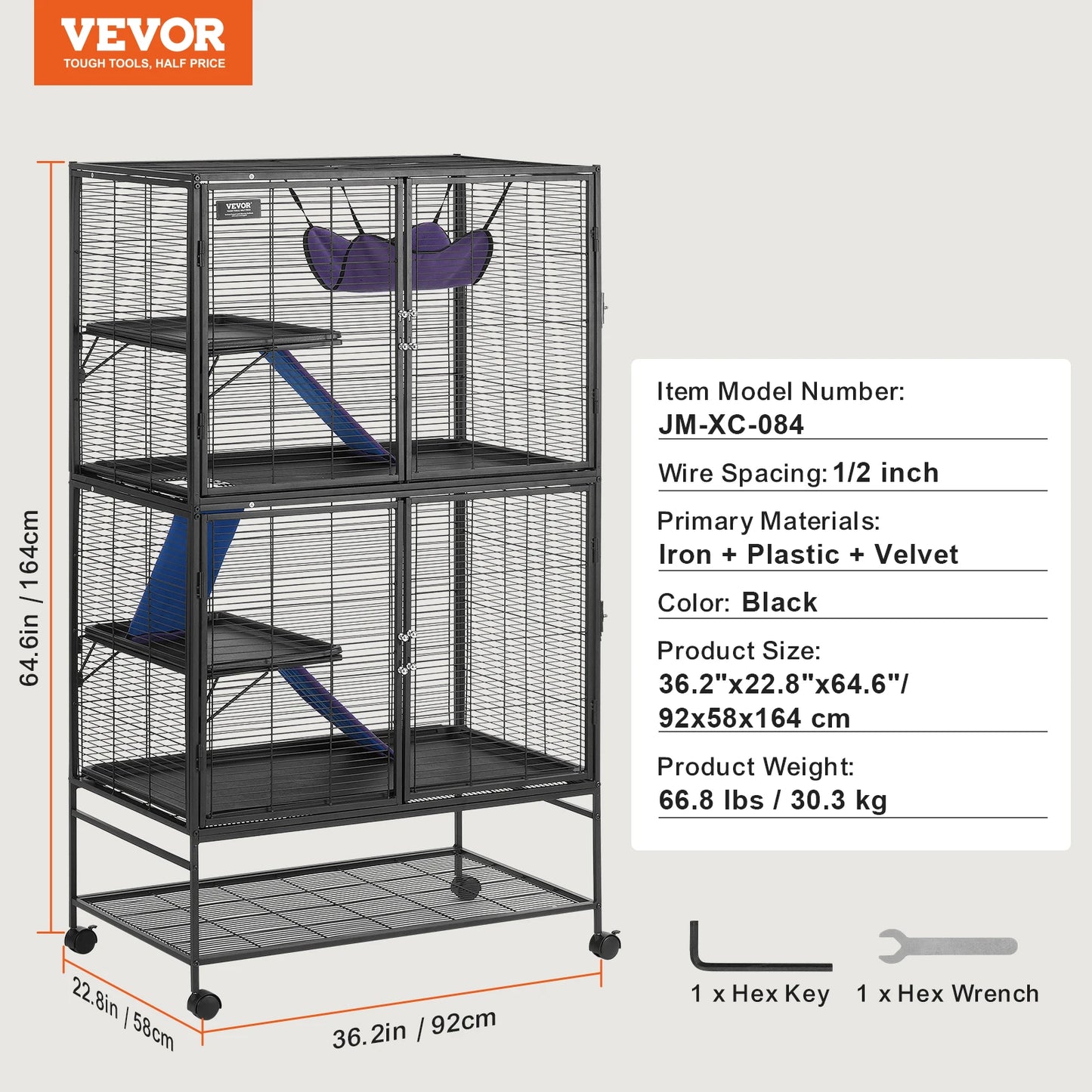 64.6" Rolling Metal Ferret Cage Large 4-Tier Critter  Rats Hamster Guinea Chinchilla