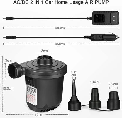 Portable Electric Air Pump with 3 Nozzles for Inflatables, Camping, Pool Floats - 12V/110V