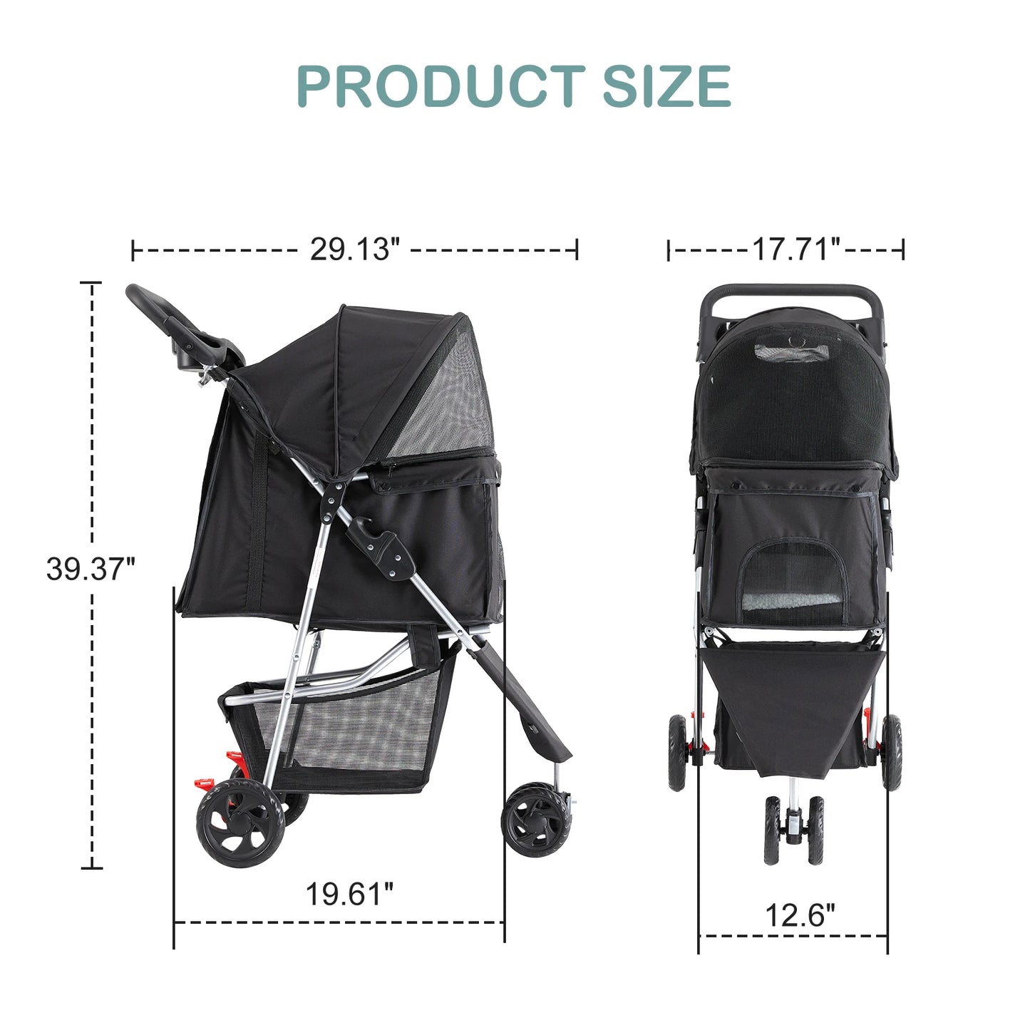 JHK 3 Wheels Foldable Pet Stroller for Small Dogs and Cats Mesh Windows Storage Basket Cup Holder for Outdoor Use