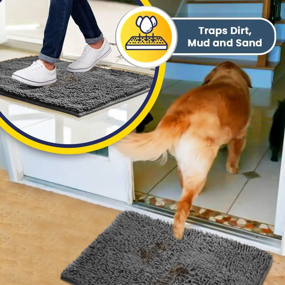 Super Absorbent Microfiber Dog Door Mat for Muddy Paws,Non-Slip Washable Pet Rug, Quick Dry Chenille Entryway Carpet, Grey 24x35