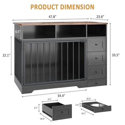 48 Inch Large Farmhouse Wooden Dog Crate Furniture With 6 Storage Drawers Feeding Station Heavy Duty Dog Kennel End Table