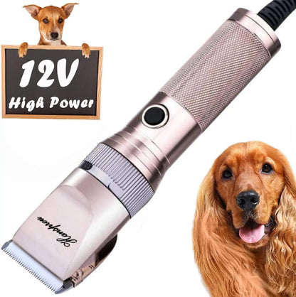 Professional Pet Grooming Clippers, 12V Corded Dog Trimmer for Thick Coats with Guard Combs and Brush