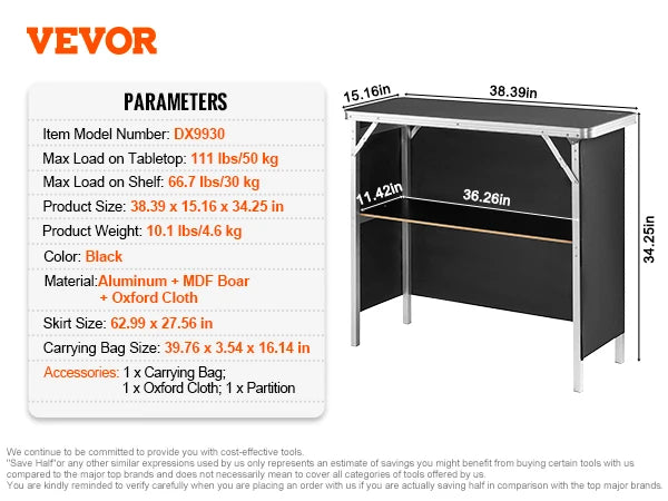 Folding Portable Bar Table Include Carrying Case Storage Shelf Skirt