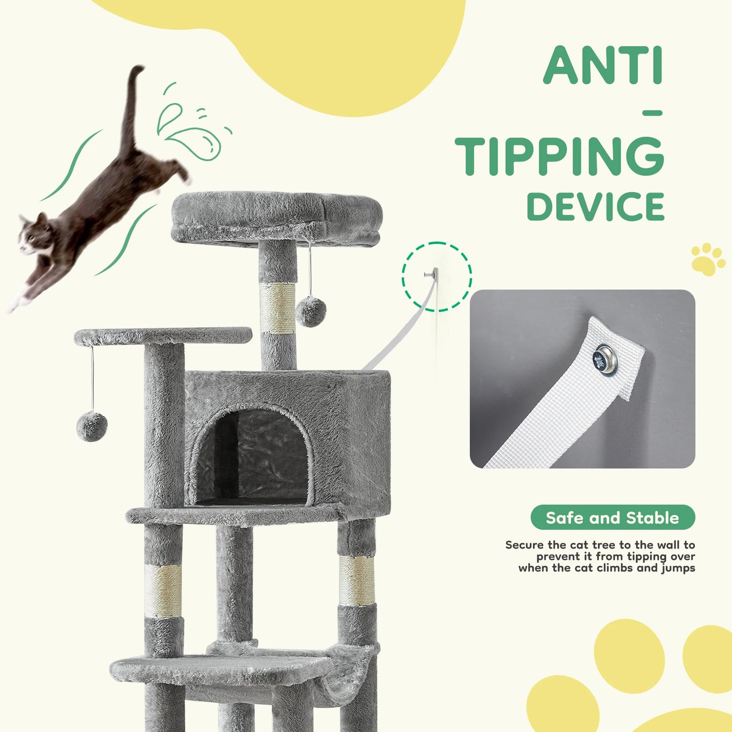 JHK 44In Cat Tree Tall Multi-Cat Climbing Tower Natural Sisal Scratching