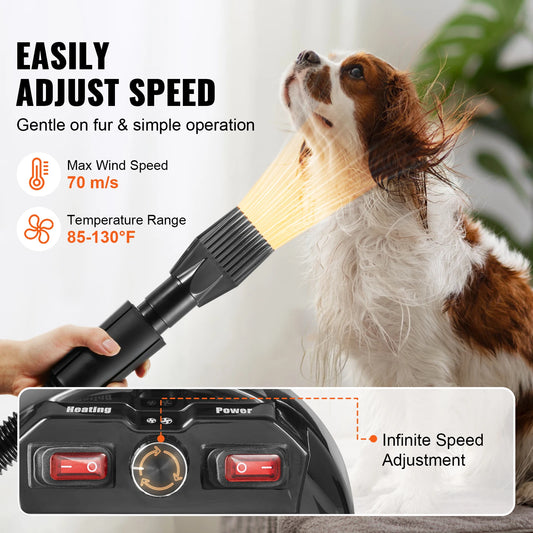 2000W/2.7HP Dog Blow Dryer Adjustable Speed Temperature Control with 4 Nozzle and Extendable Hose