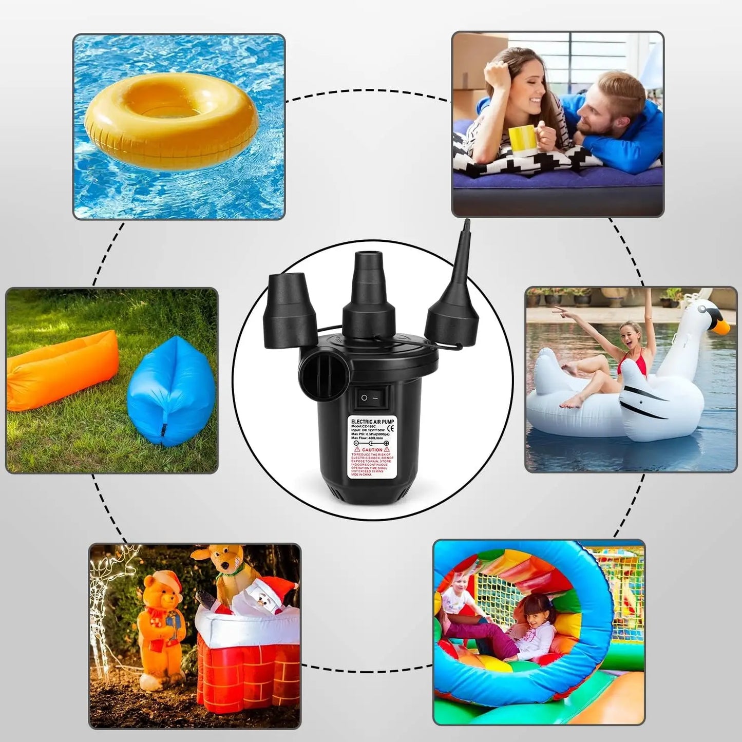 Portable Electric Air Pump with 3 Nozzles for Inflatables, Camping, Pool Floats - 12V/110V
