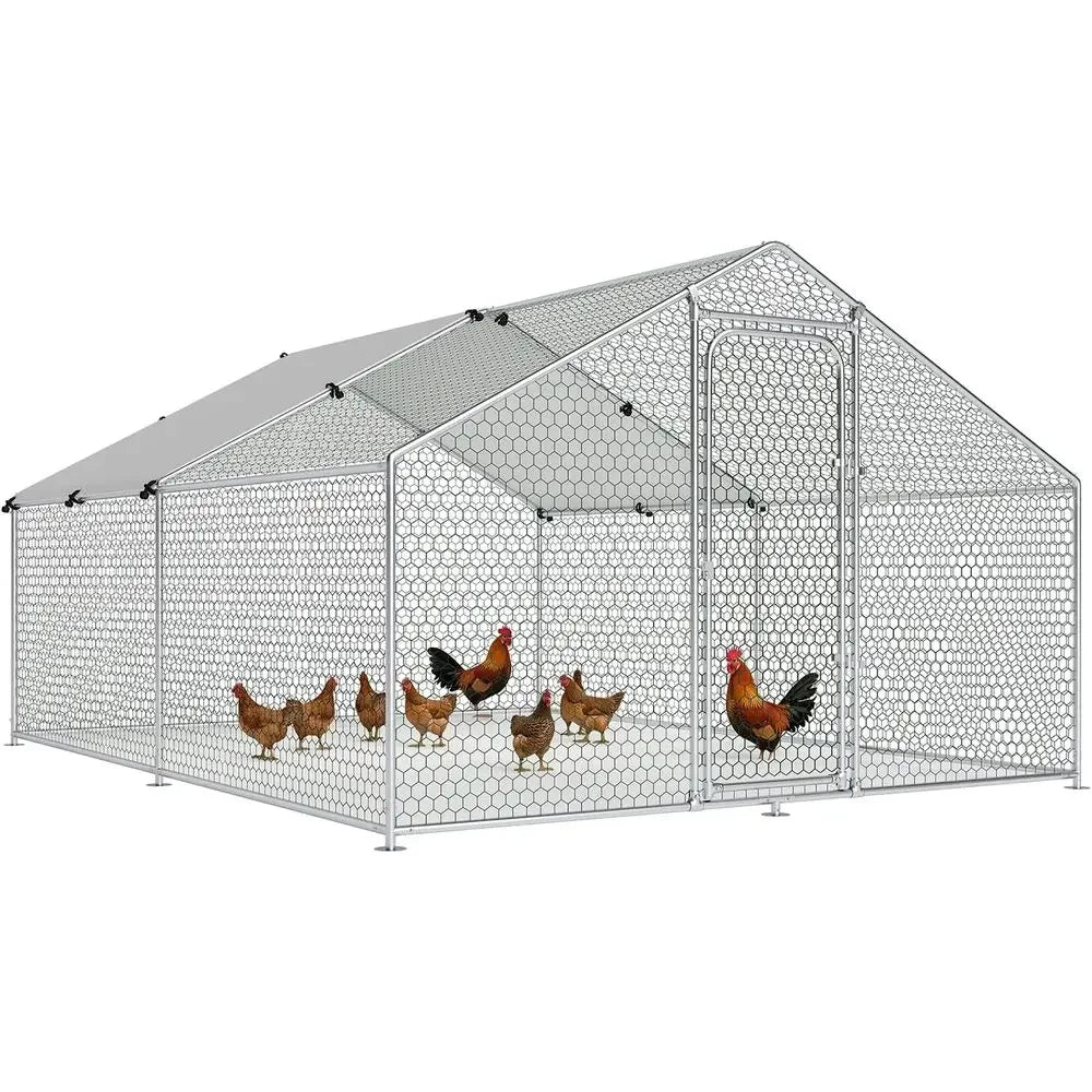 Spacious Walk-in Chicken Coop with Metal Hen Run and Waterproof Cover - 10ft Wide x 13.2ft Long x 6.4ft High