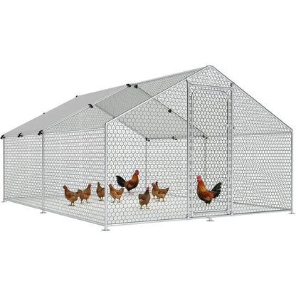 Spacious Walk-in Chicken Coop with Metal Hen Run and Waterproof Cover - 10ft Wide x 13.2ft Long x 6.4ft High