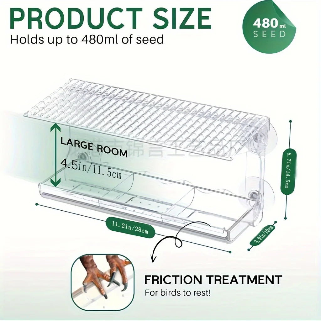 Large Window Bird Feeder with Removable Seed & Water Tray, for Wild Birds with 4 Super Strong Adhesive Hooks + 4