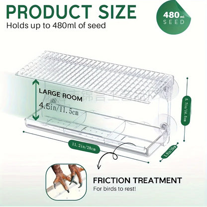 Large Window Bird Feeder with Removable Seed & Water Tray, for Wild Birds with 4 Super Strong Adhesive Hooks + 4