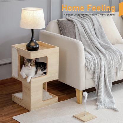 Wood Cat Condo House Bed with Removable Soft Mats