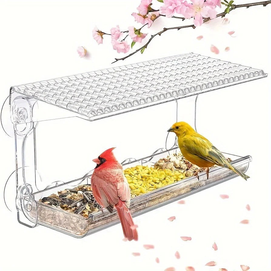 Large Window Bird Feeder with Removable Seed & Water Tray, for Wild Birds with 4 Super Strong Adhesive Hooks + 4