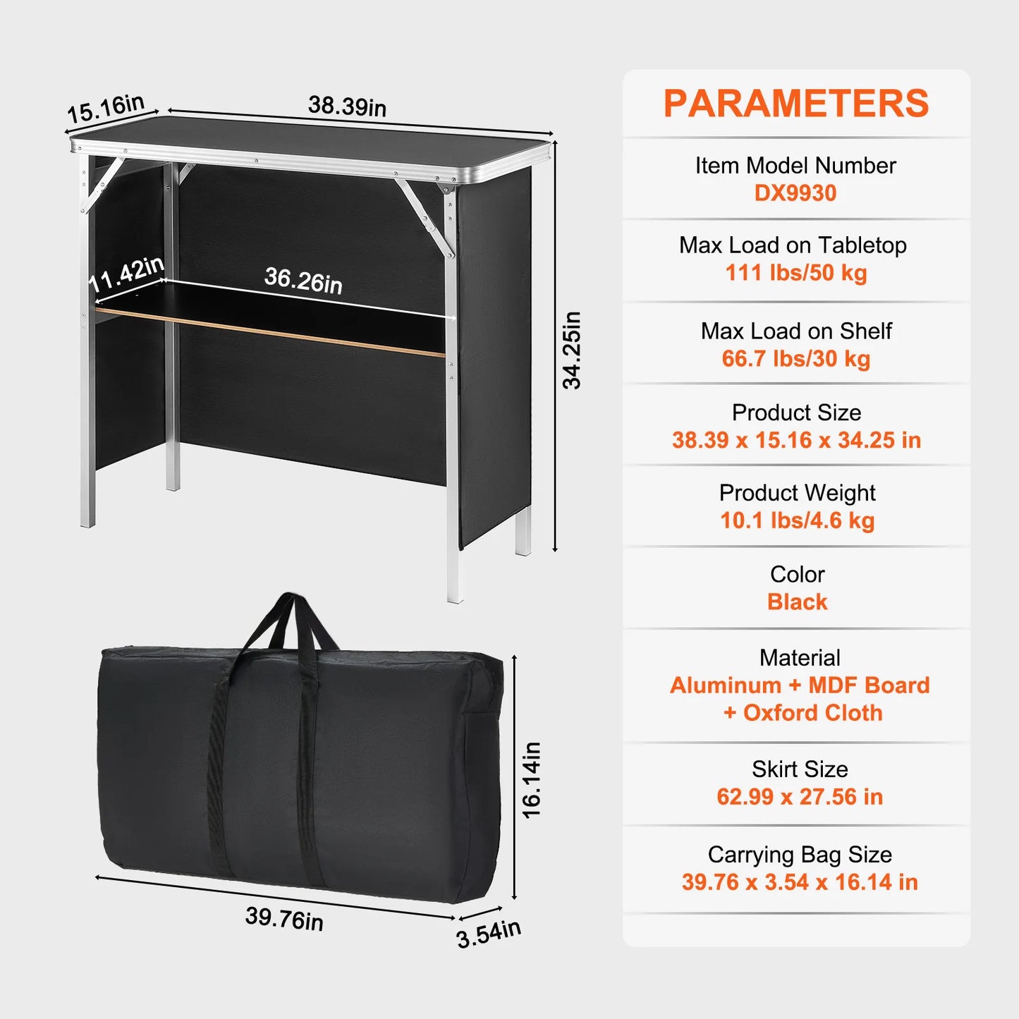 Folding Portable Bar Table Include Carrying Case Storage Shelf Skirt