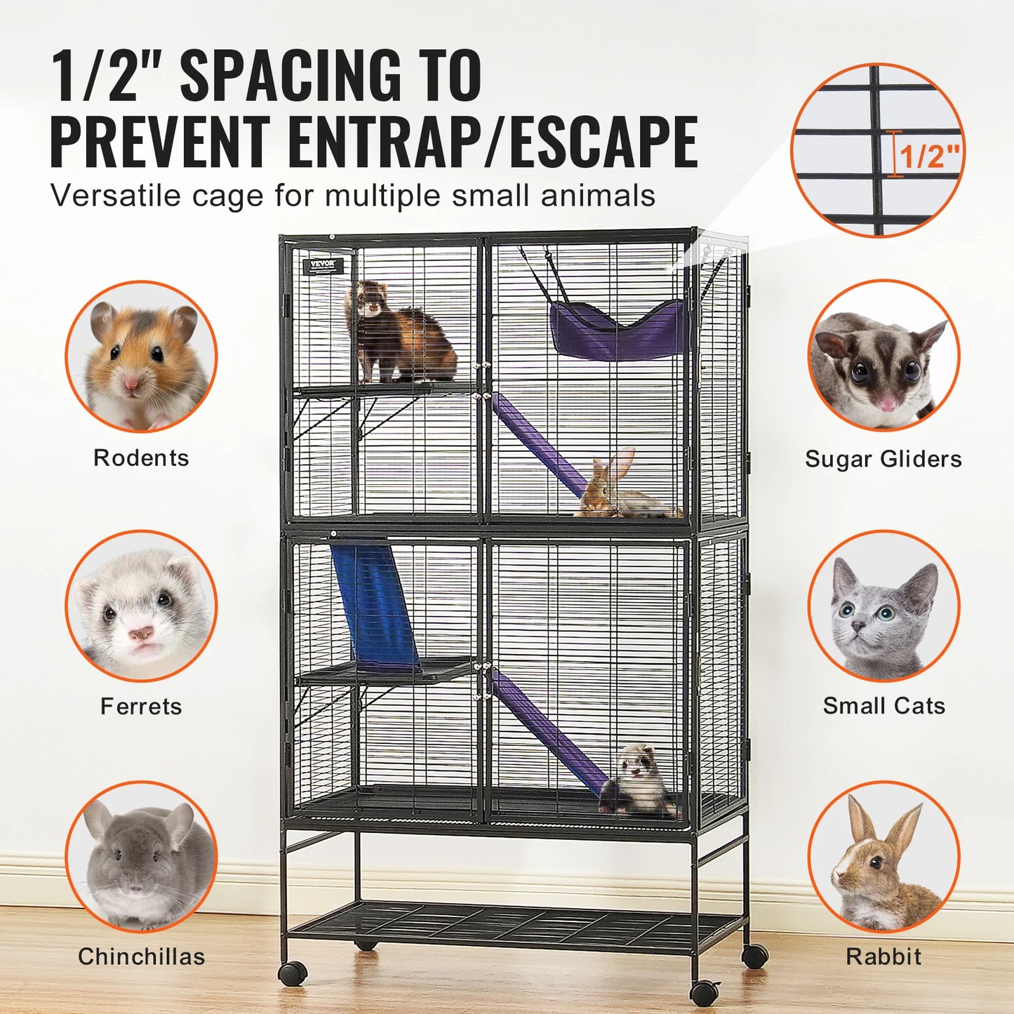 64.6" Rolling Metal Ferret Cage Large 4-Tier Critter  Rats Hamster Guinea Chinchilla