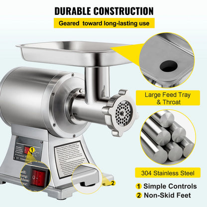SucceBuy Commercial Electric Meat Mincer Meat Grinder Machine 1.5HP 220PRM Stainless Steel Meat Grinder Sausage Stuffer Maker