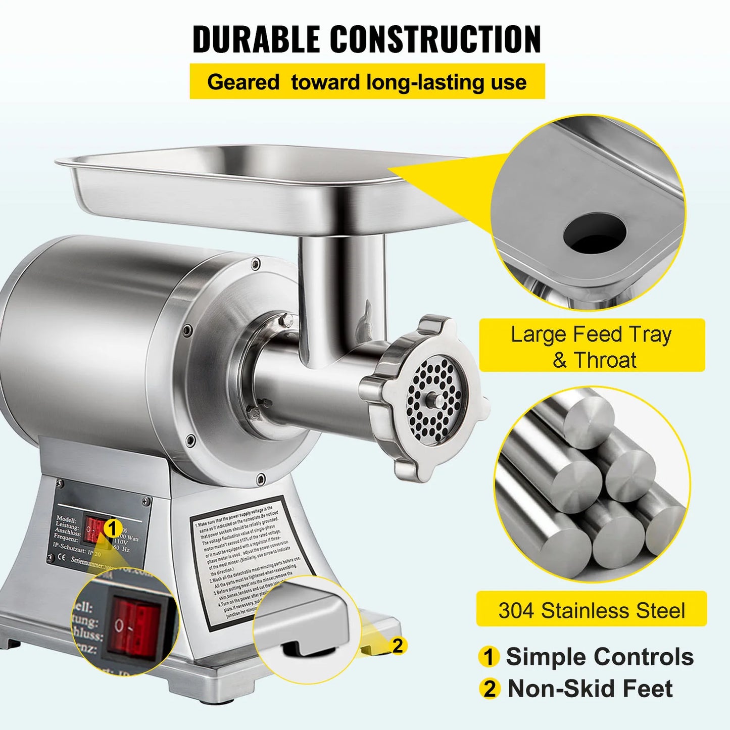 SucceBuy Commercial Electric Meat Mincer Meat Grinder Machine 1.5HP 220PRM Stainless Steel Meat Grinder Sausage Stuffer Maker